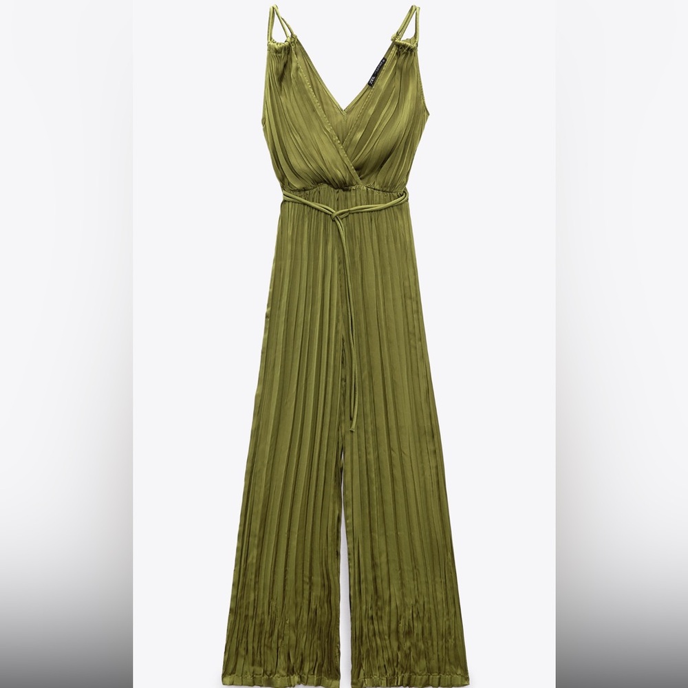 Zara Olive Green Pleated Jumpsuit